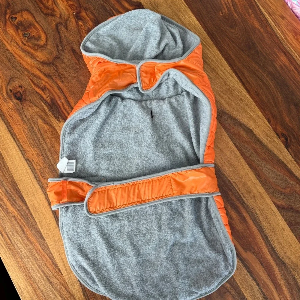 Bright Orange Quilted Puffer Dog Coat with Hood Adjustable High Vis‎ Safety